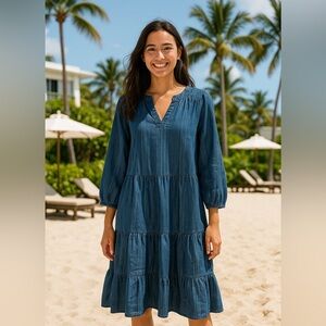 Market and Spruce chambray Sz L knee length ruffle skirt dress 3/4 length sleeve